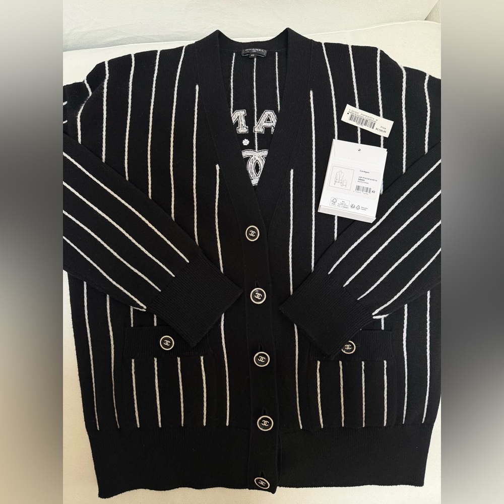 Chanel 23P Cashmere Varsity Cardigan Size 42